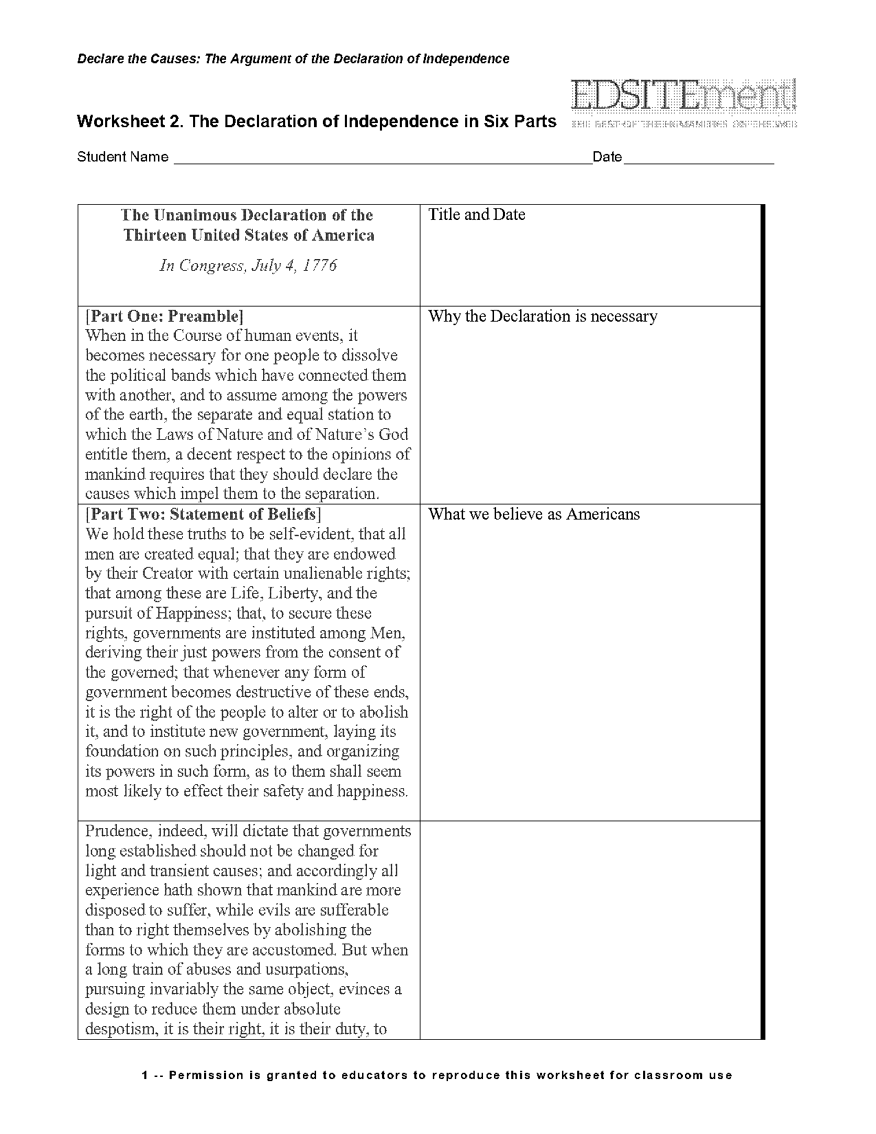 declaration of independence workshset pdf