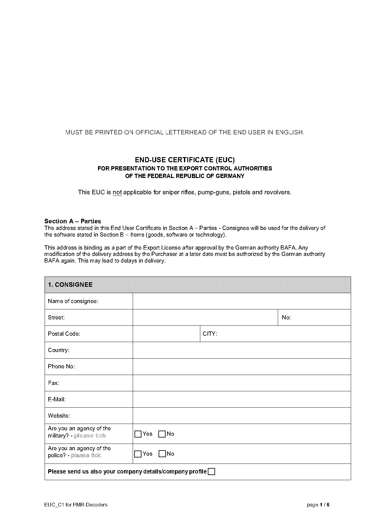 end use certificate form germany